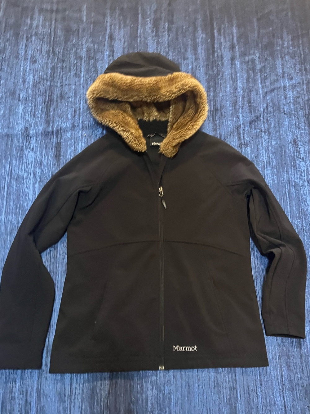 Marmot Black Hooded Jacket with Brown Faux-Fur Trim
